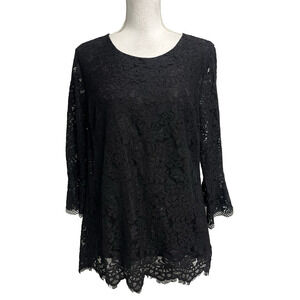 Charter Club Black Lace Blouse Tunic Top size Small Stretch Peasant Wedding Slim